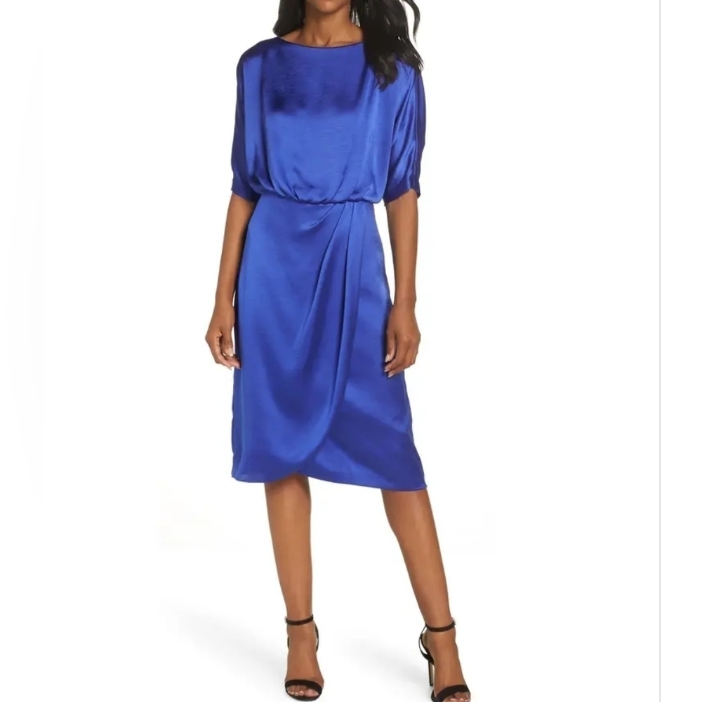 Maggy London blue Satin draped blouson faux wrap dress sz 10 new